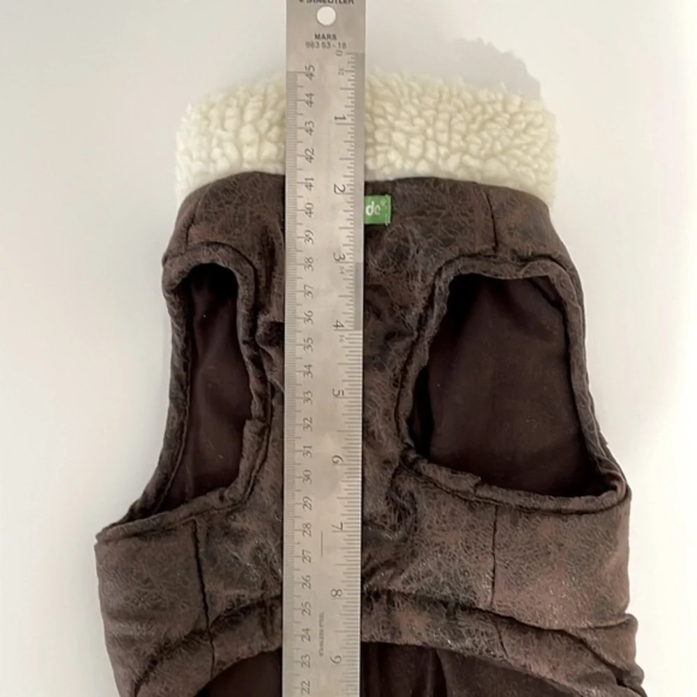 Wag-a-Tude‎ brown faux leather bomber dog jacket with Sherpa trim. Size Small.